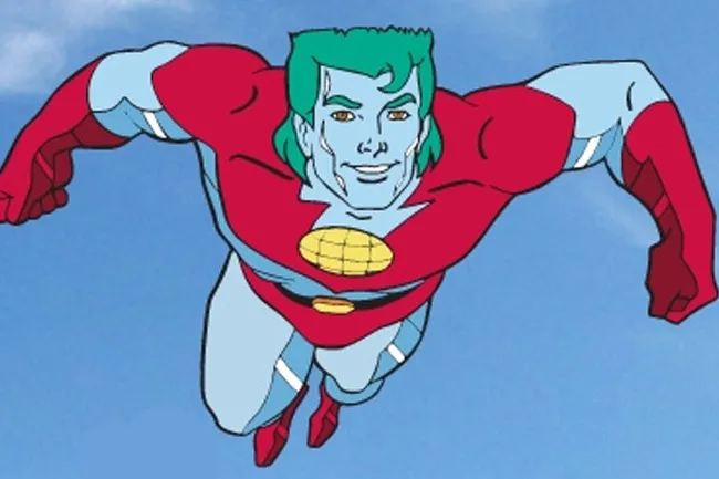 Captain Planet flying heroically against a blue sky in a nostalgic cartoon style.