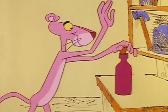 The Pink Panther reaching for a bottle on a workbench in a nostalgic cartoon scene.