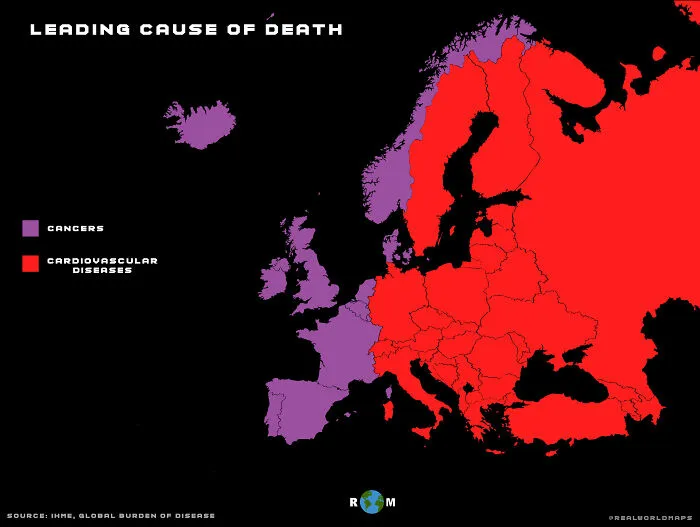 A demographic map of Europe showing the leading cause of death by country