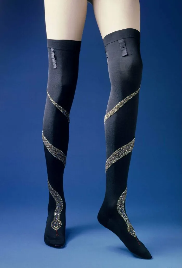 Two Pairs Of Silk Knitted Stockings Embroidered With Sequins Forming Snake Designs, C. 1900