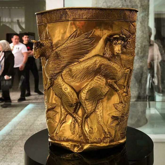 The Marlik Cup, Dating Back To Around 1400 Bc, Features Four Mythical Winged Bulls In Lifelike And Dynamic Poses, With Their Wings Extended Outward As If They Are About To Take Flight