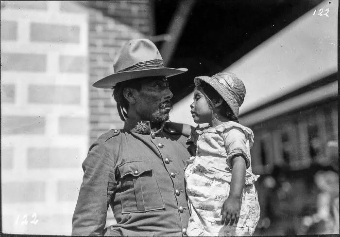 Mexican Federal Soldier Says Goodbye To His Daughter At The Train Station Before Going To War, During The Mexican Revolution, 1915