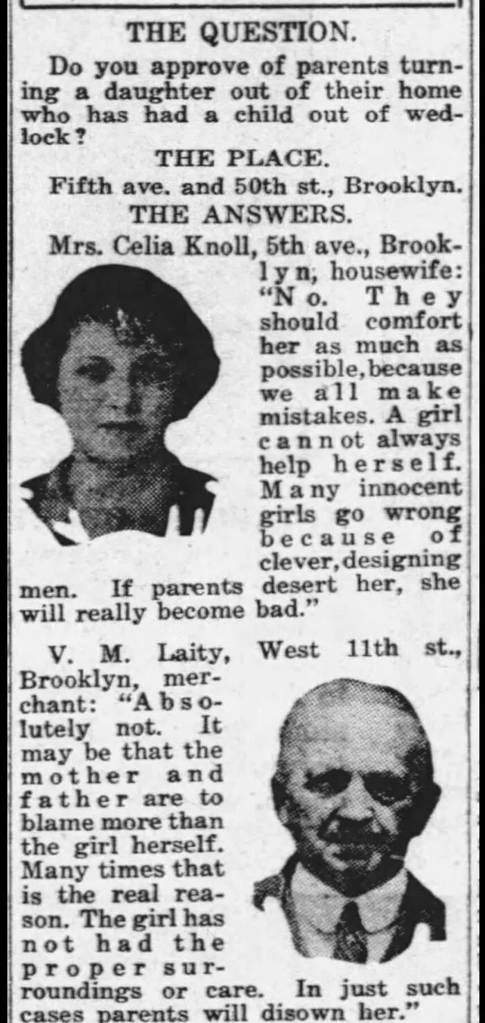 The Inquiring Photographer Asks: Do You Approve Of Parents Turning A Daughter Out Of Their Home Who Has Had A Child Out Of Wedlock? June 1925