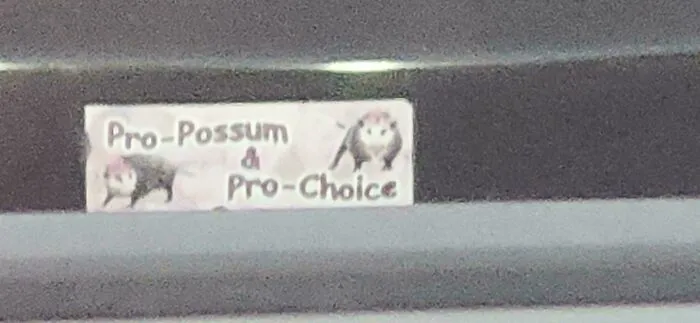 A wild bumper sticker with two possums in pink hats and the text Pro-Possum & Pro-Choice.