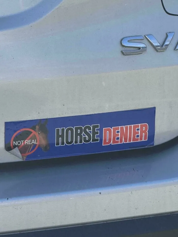 A funny bumper sticker on a car reads Horse Denier, with a horse image stamped not real.