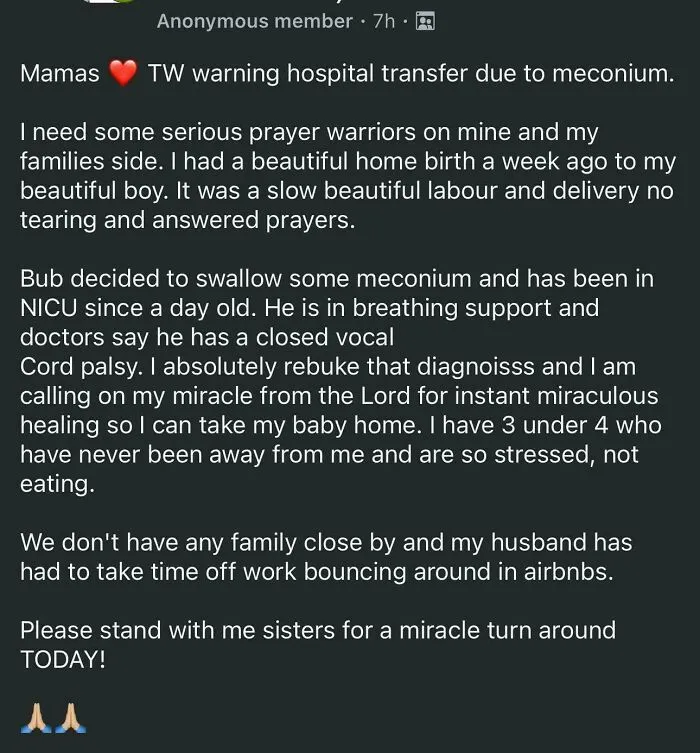 Screenshot of a Facebook post from a parenting group with a mom asking for prayers after her baby swallowed meconium and is in NICU, also mentioning a home birth.