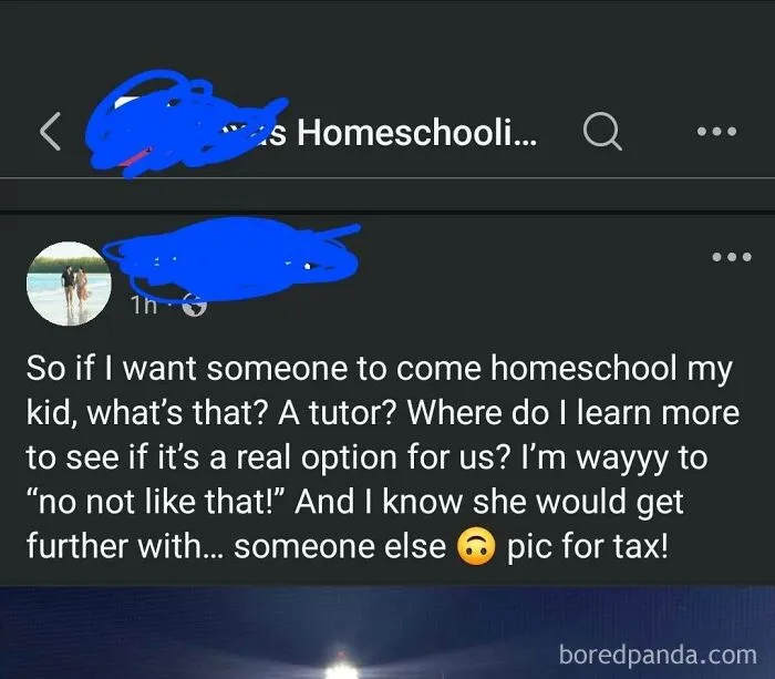 An irresponsible mom seeks help for homeschooling her child, stating she needs someone else to teach them in a parenting group.