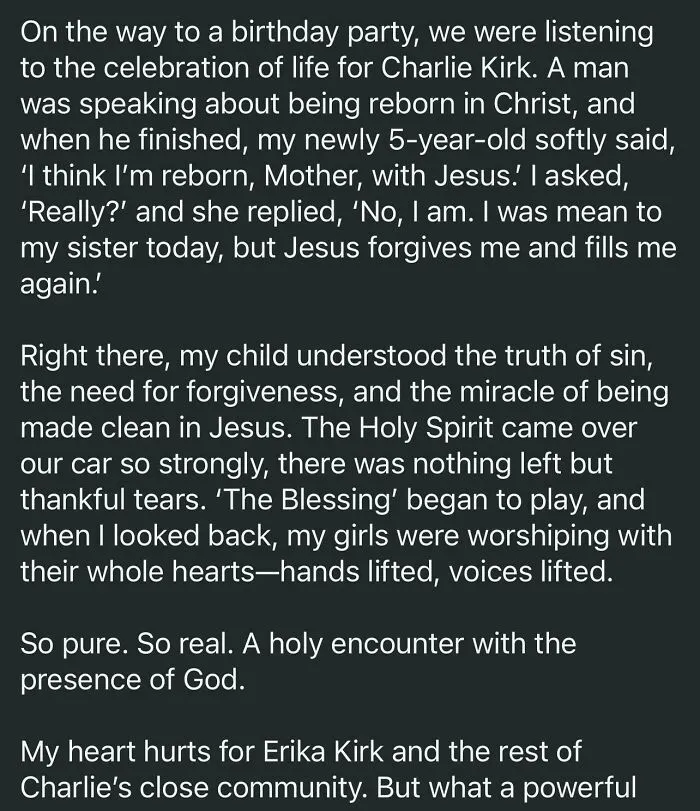 A screenshot of a mom's post about her child's spiritual awakening, showcasing unhinged parenting.