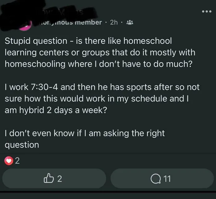 A screenshot from a parenting group showing a mom asking about homeschooling centers with minimal parental involvement.