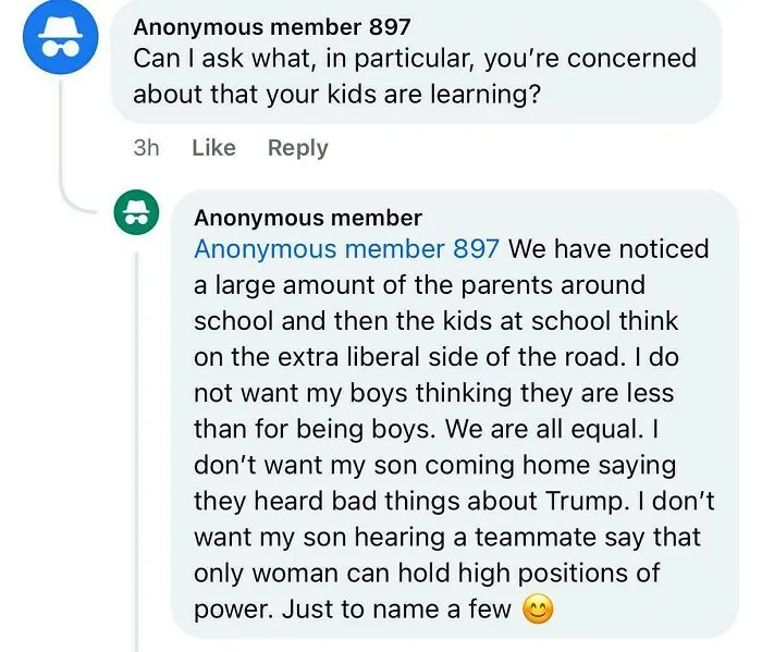 A screenshot of a conversation in a parenting group about irresponsible parenting regarding kids learning about politics and gender.