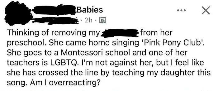 An unhinged mom in a parenting group expressing concern about her child's preschool teacher and a song.