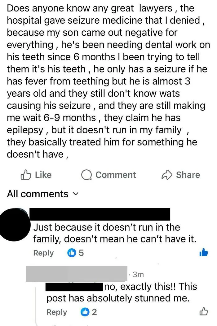 An unhinged mom from a parenting group discusses her child's seizures and denied hospital medicine, highlighting irresponsible parenting.