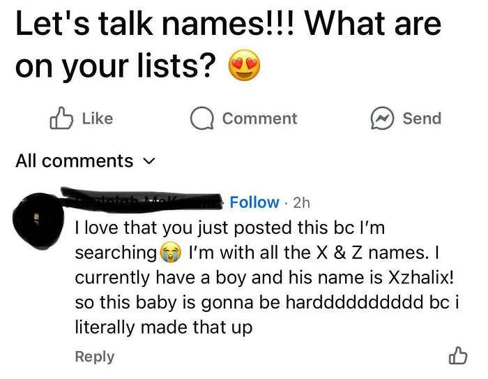 An unhinged mom shares a made-up baby name in a parenting group, exposing toxic and irresponsible parenting.