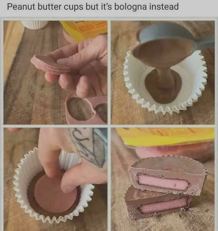 Step-by-step photos of peanut butter cups made with bologna slices, one of many questionable DIY projects.