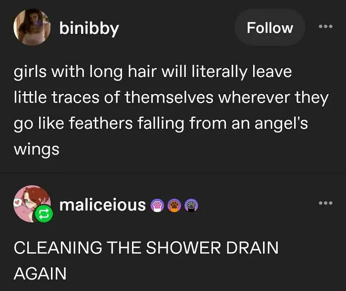 A funny Tumblr exchange about girls with long hair leaving hair in the shower drain.
