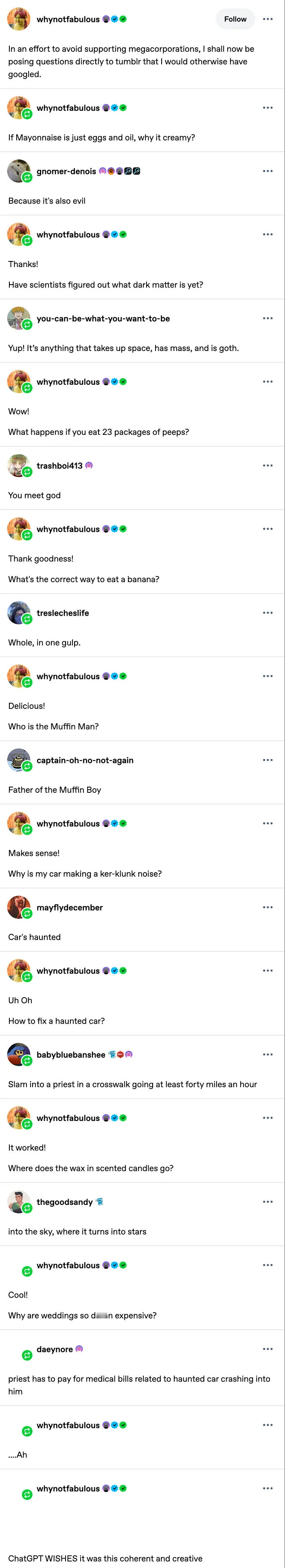 A funny conversation thread showcasing chaotic posts on Tumblr about questions, mayonnaise, and haunted cars.