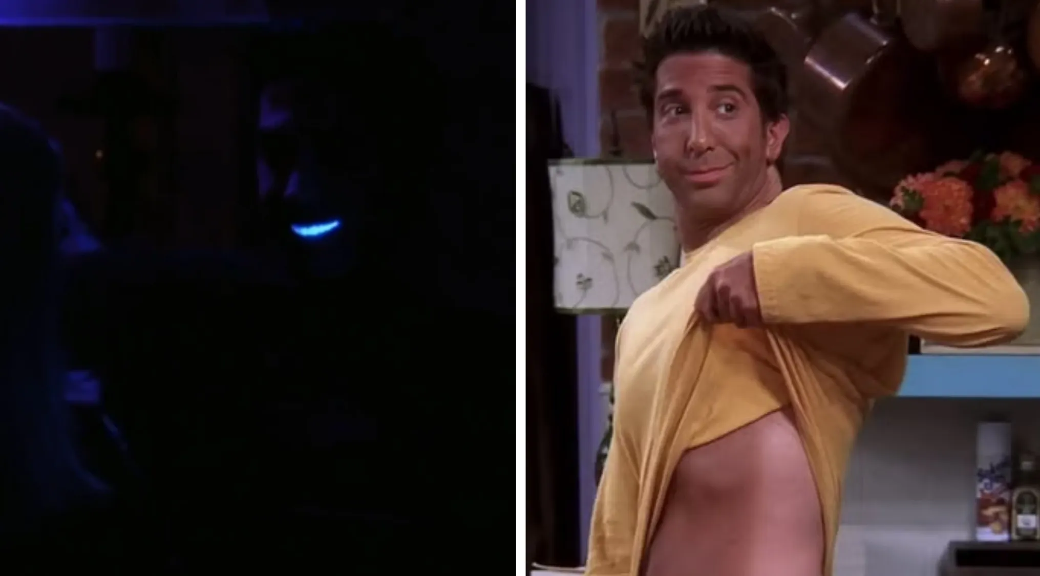 Ross from Friends showing his teeth in a dark room and revealing a spray tan on his torso in a yellow shirt.