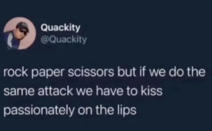 A wild social media post proposing a twist on rock paper scissors with a passionate kiss rule, unhinged and unexpected.