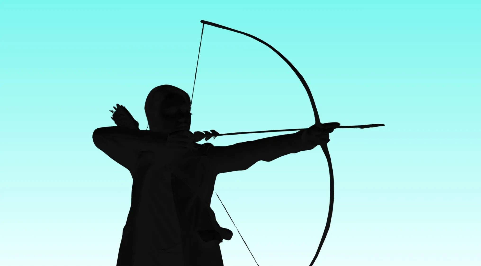 Silhouette of an iconic movie character aiming a bow and arrow against a blue gradient background for guessing game.