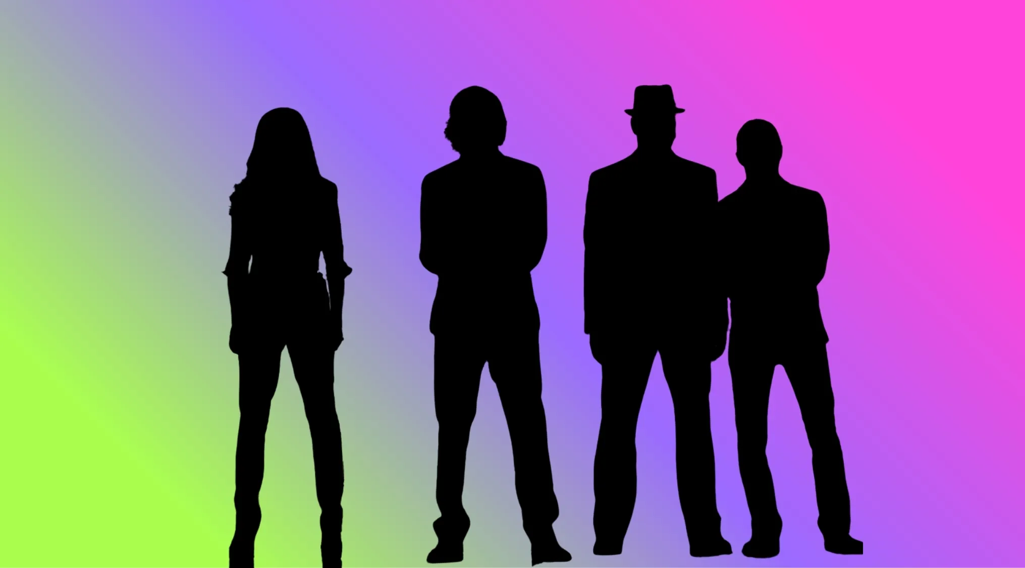 Four movie character silhouettes standing side by side against a gradient background for guessing the movie character challenge.