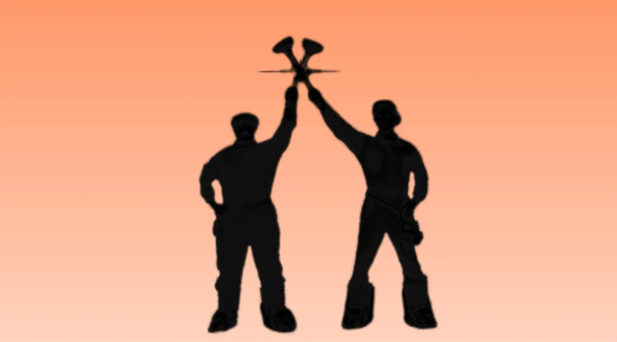 Silhouettes of two movie characters holding wrenches against an orange background for a movie character guessing game.