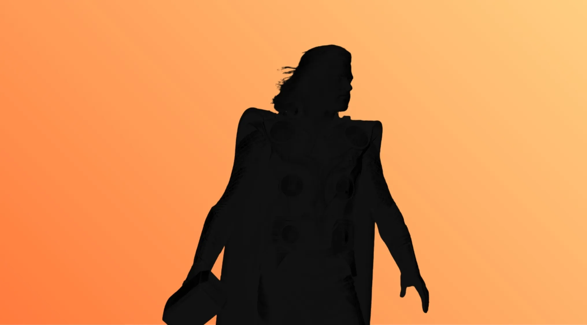 Silhouette of a Marvel superhero holding a hammer with a flowing cape against an orange background.