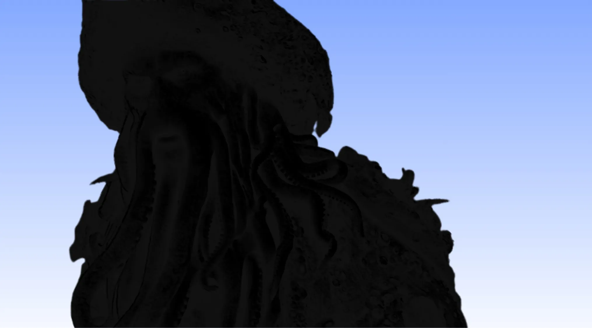 Silhouette of a mysterious movie character from a popular movie franchise against a gradient blue sky background.