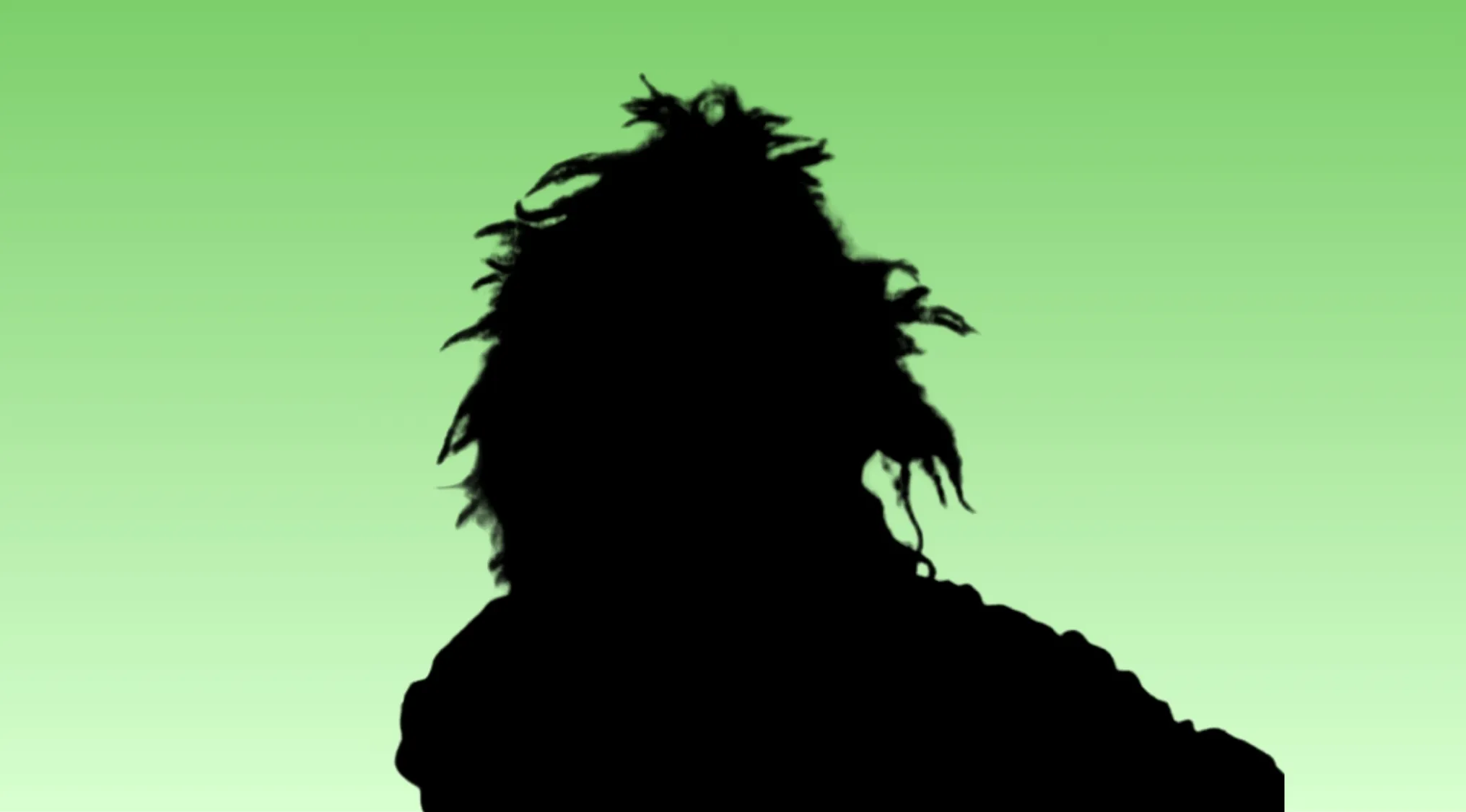 Silhouette of a movie character with messy hair against a green gradient background for guessing game.