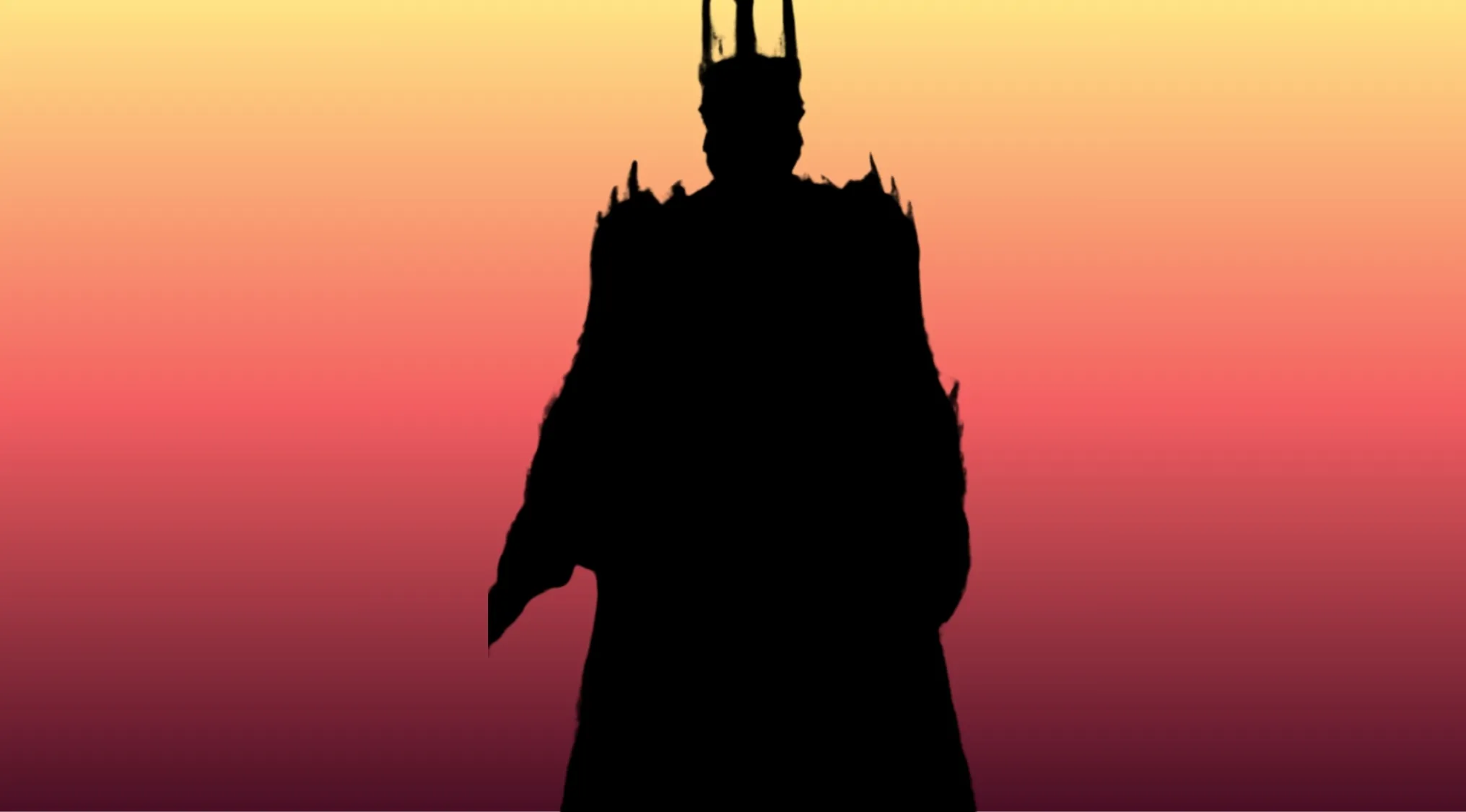 Silhouette of a mysterious main antagonist from a movie character against a gradient sunset background.