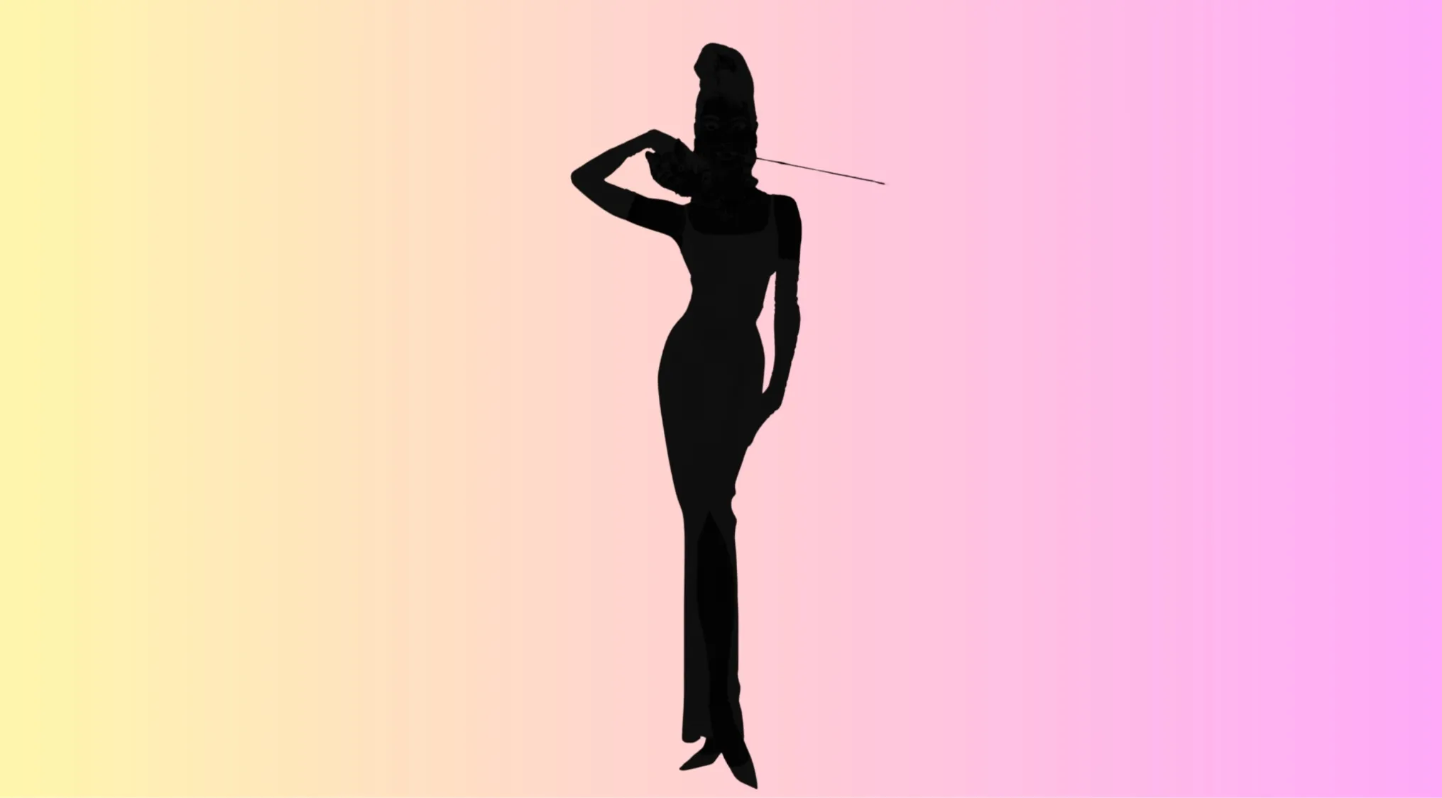Silhouette of a tall movie character in a long dress and hat holding a cigarette holder guessing the movie character.