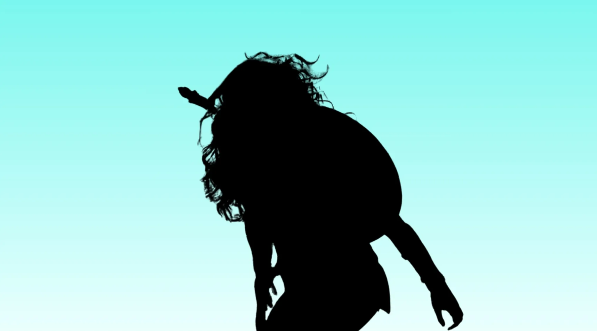 Silhouette of a movie character with long hair holding a sword, challenging you to guess who is hiding behind the silhouette.