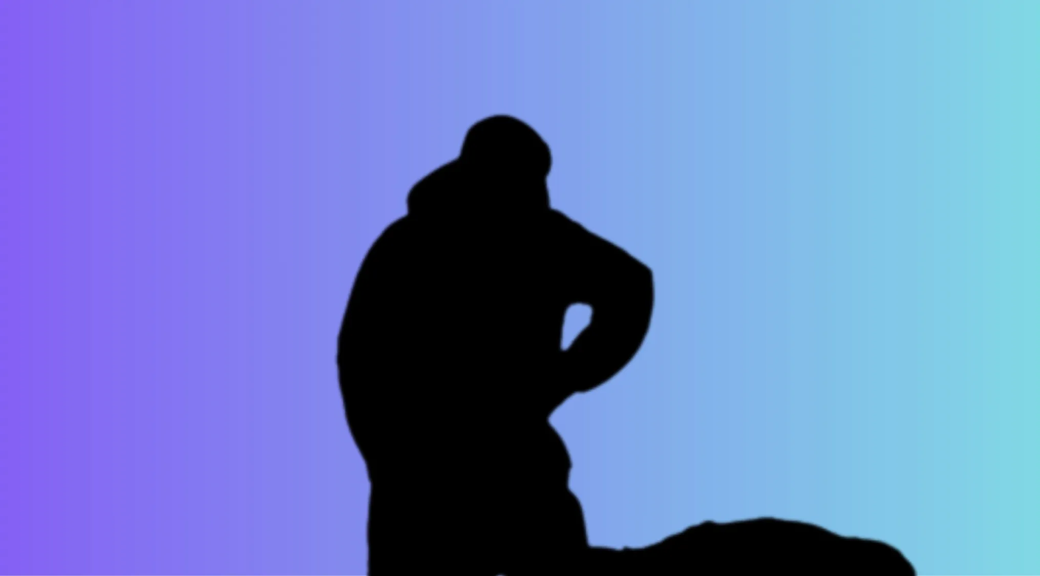 Silhouette of a movie character standing with hand on hip, set against a blue to purple gradient background for guessing.