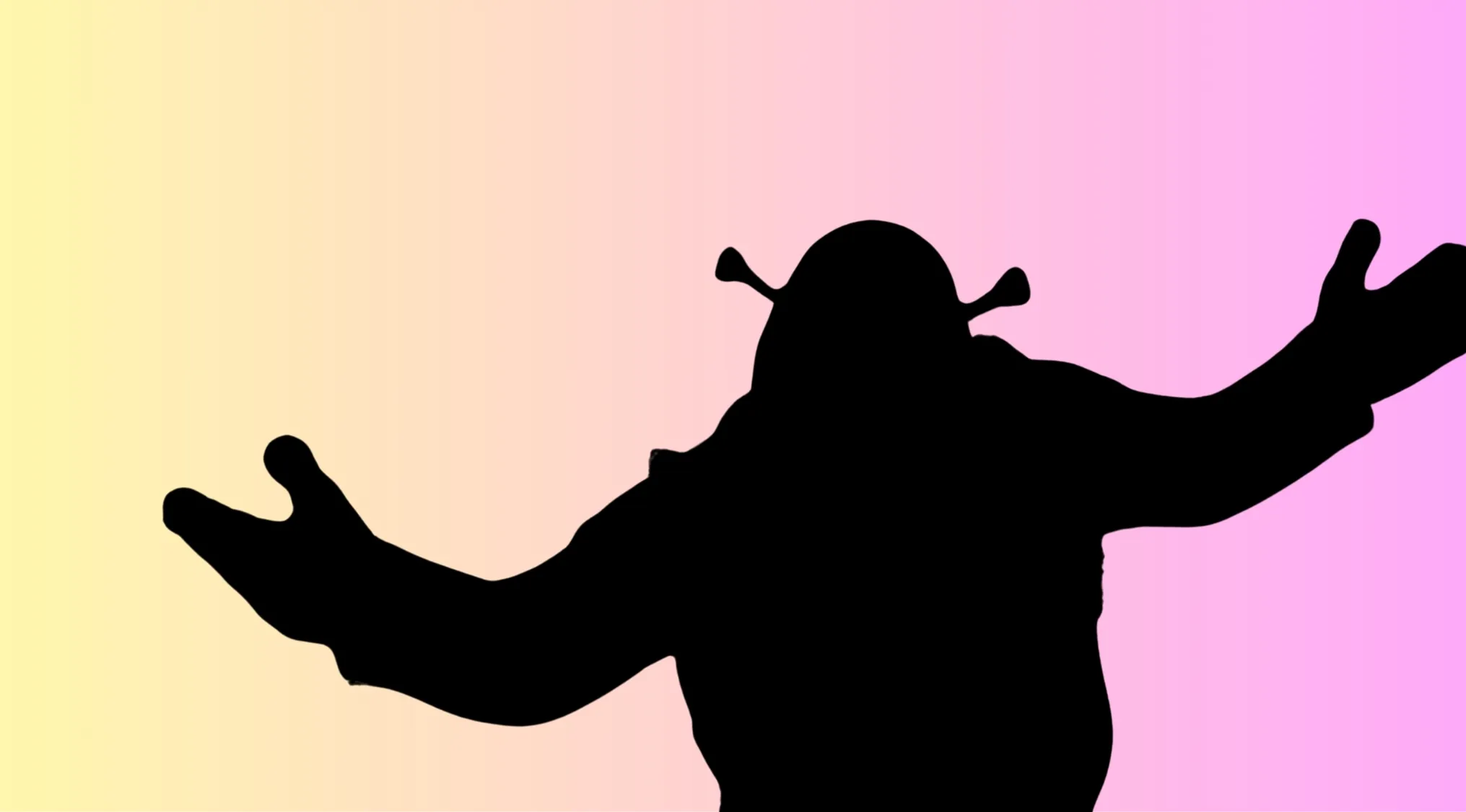 Silhouette of a well-known animated movie character with outstretched arms on a pink and yellow gradient background.