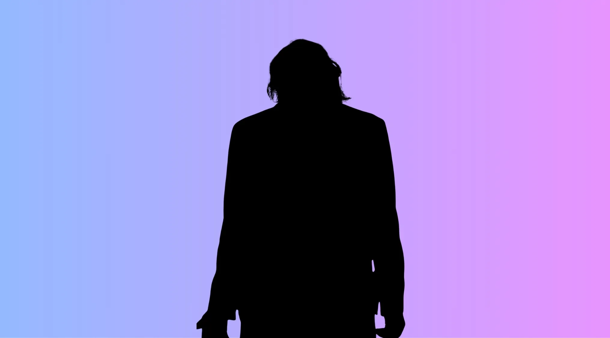 Silhouette of a movie character against a blue and purple gradient background, challenging to guess the character and actor.