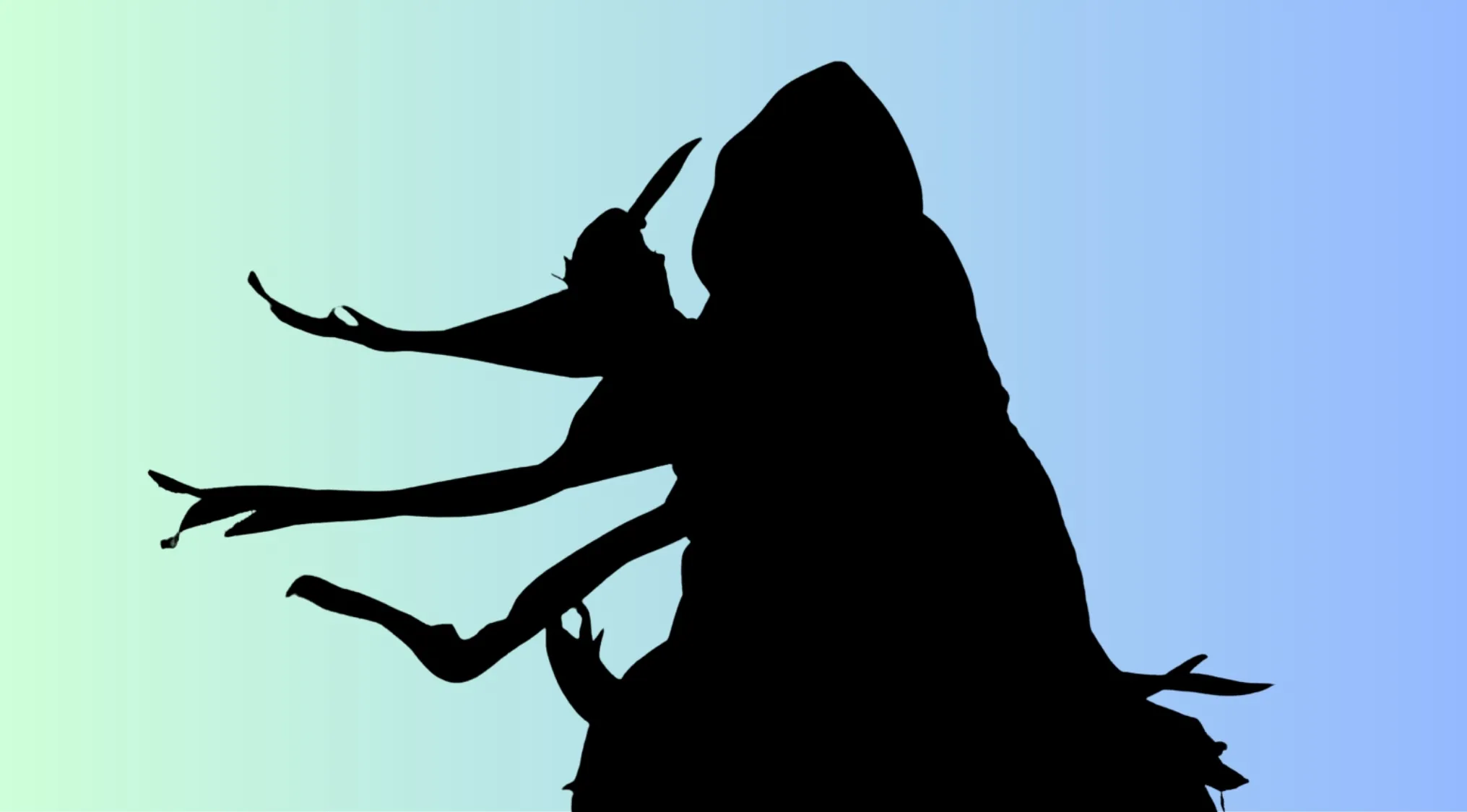 Silhouette of a movie character with multiple arms against a gradient blue and green background for movie character guessing game.