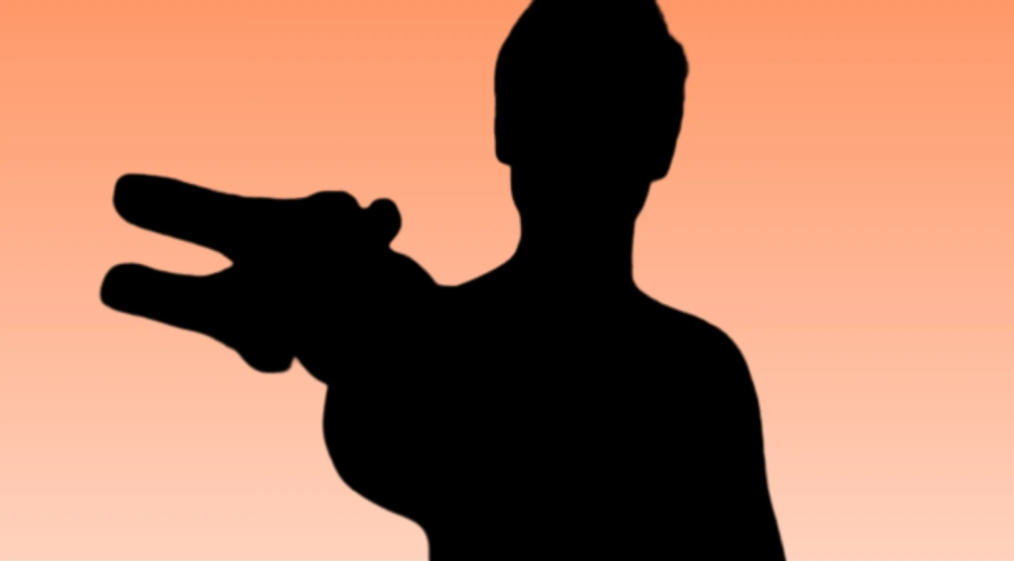 Silhouette of a movie character making a hand gesture against a gradient orange background for character guessing game.