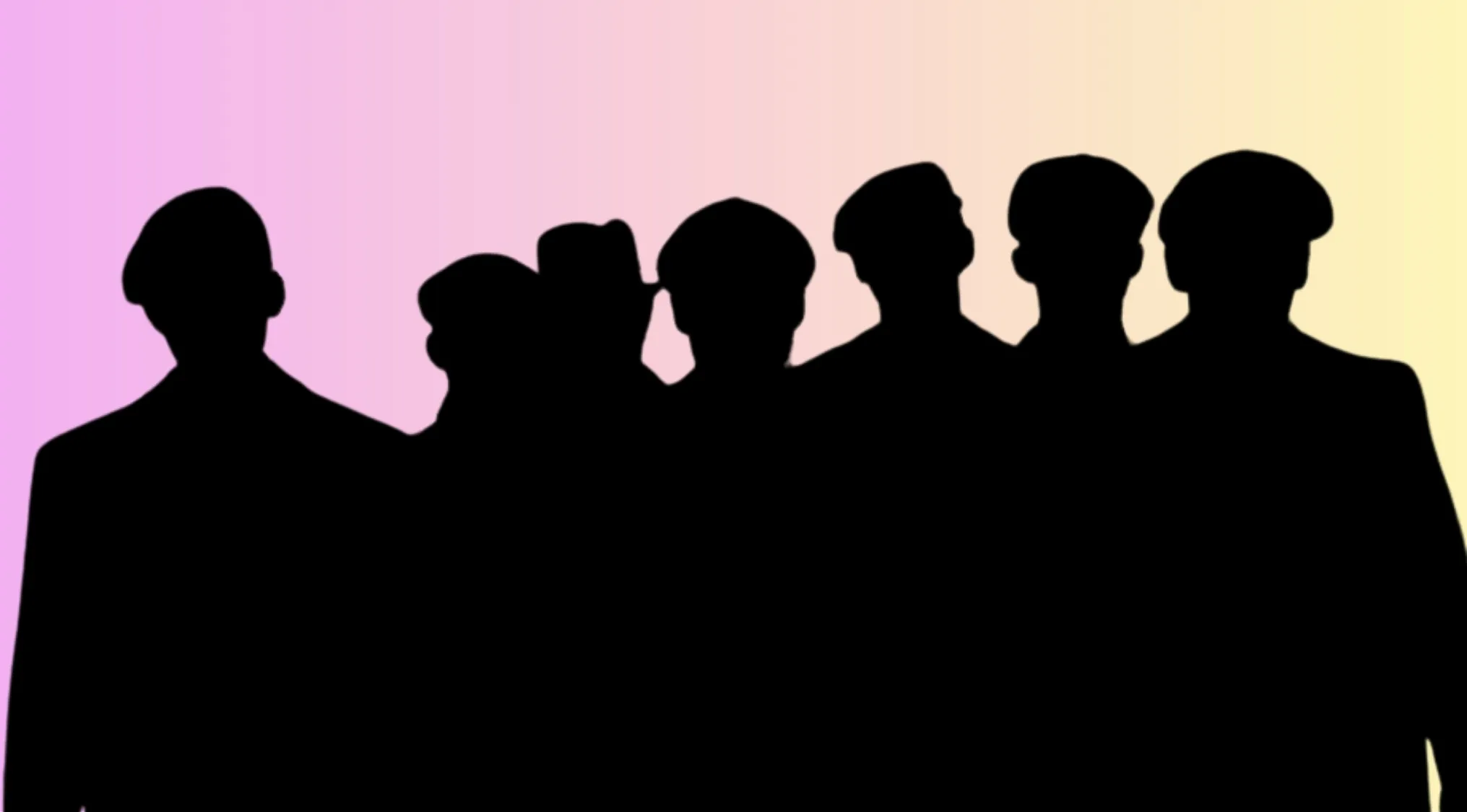 Silhouettes of seven movie characters against a gradient background for guessing movie characters from the silhouette.