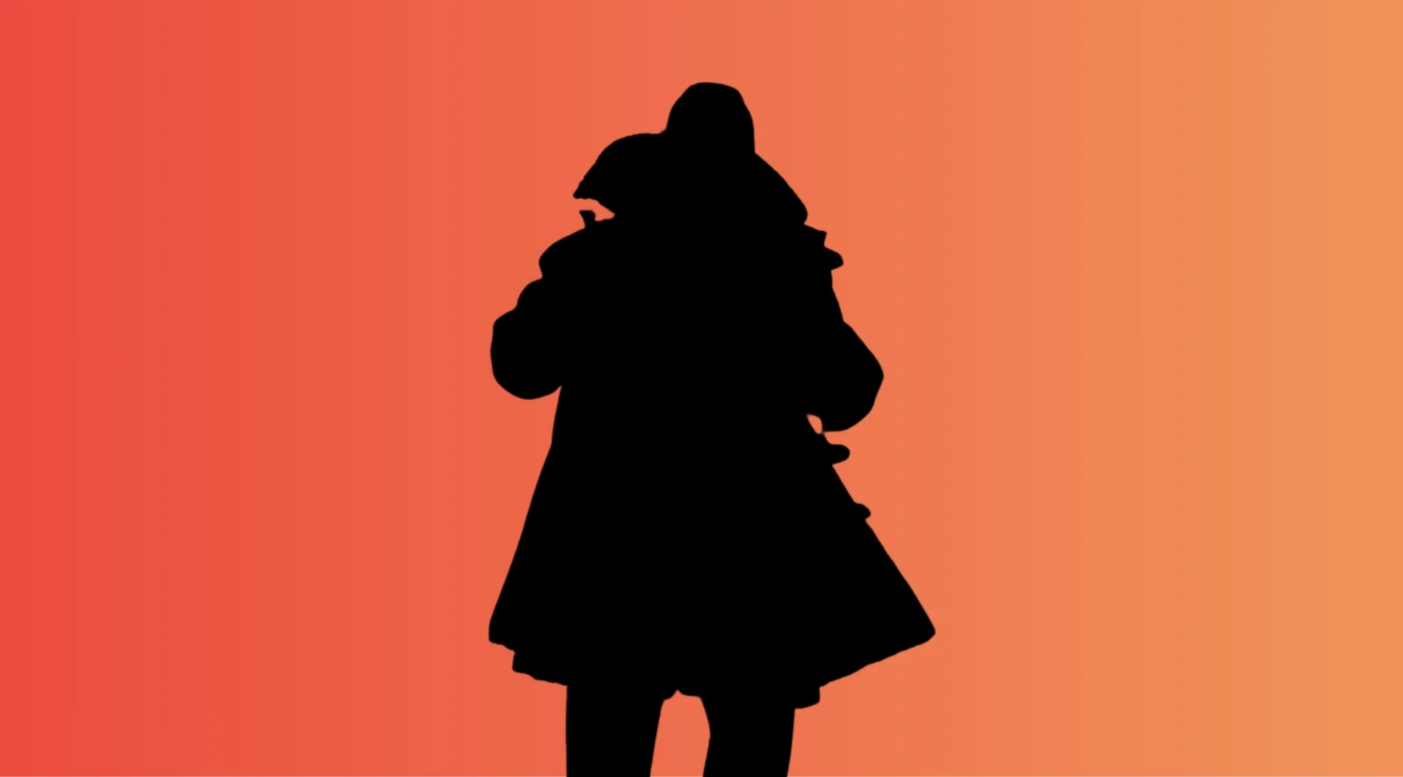 Silhouette of a movie character wearing a coat against an orange background for guessing the movie character game.