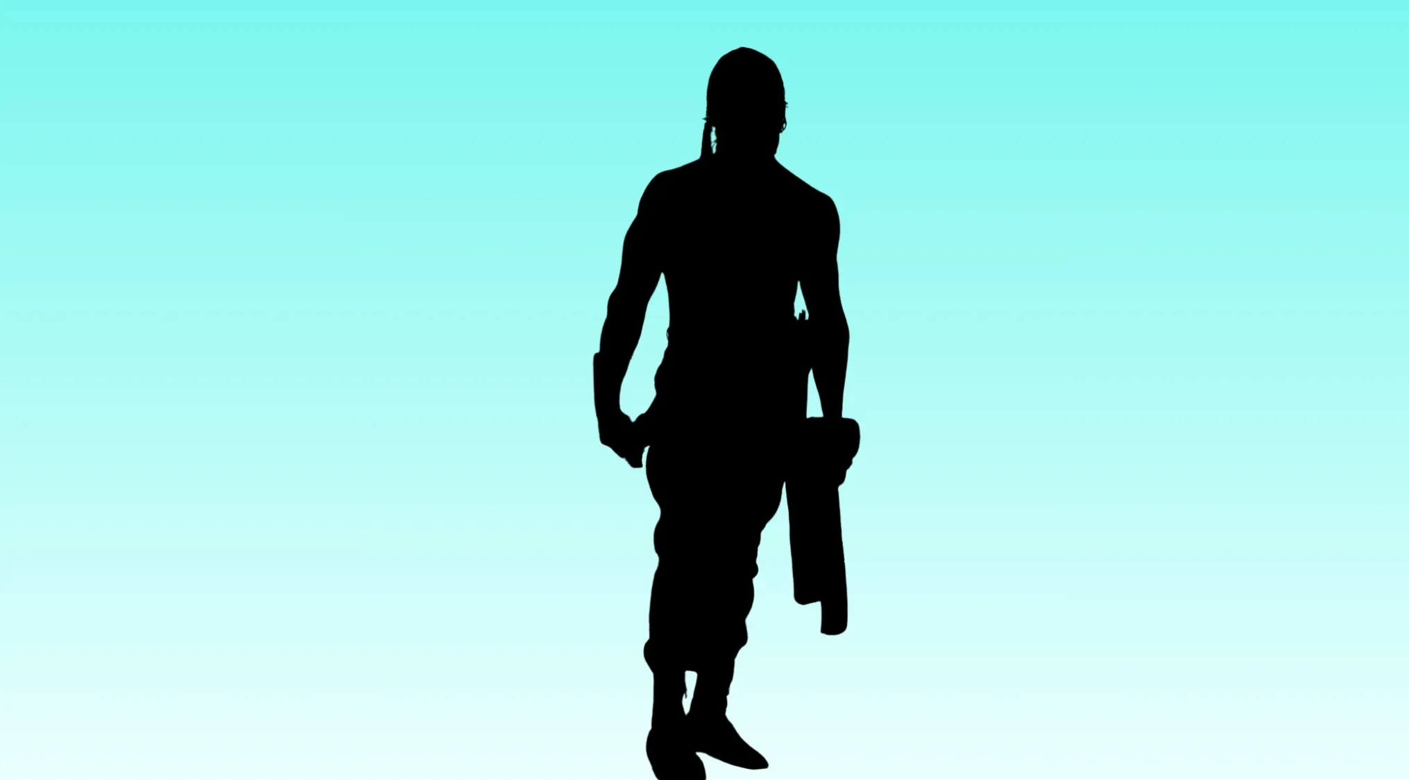 Silhouette of a movie character with braided hair and holding a weapon, challenging viewers to guess the character.