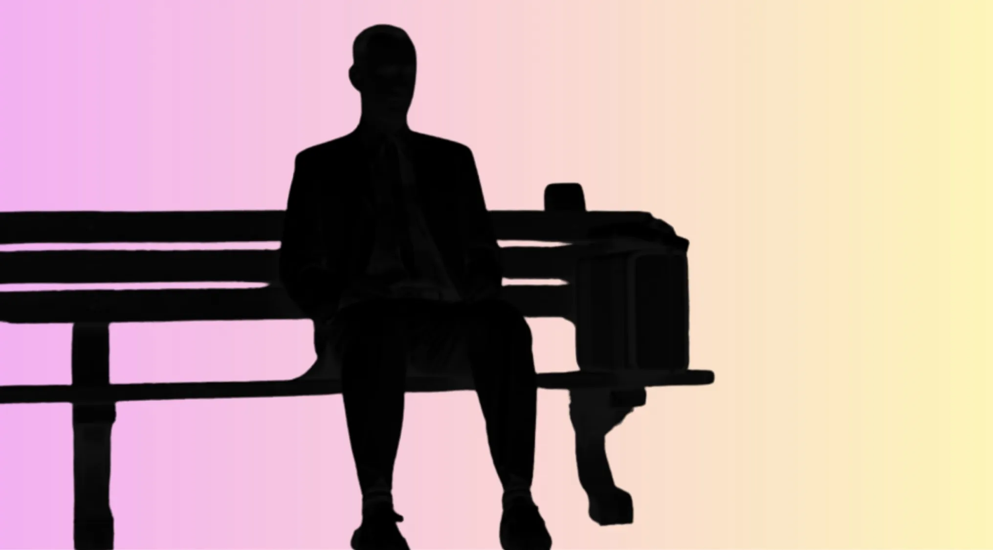 Silhouette of a movie character sitting on a bench with a box, guessing the movie character from the silhouette.
