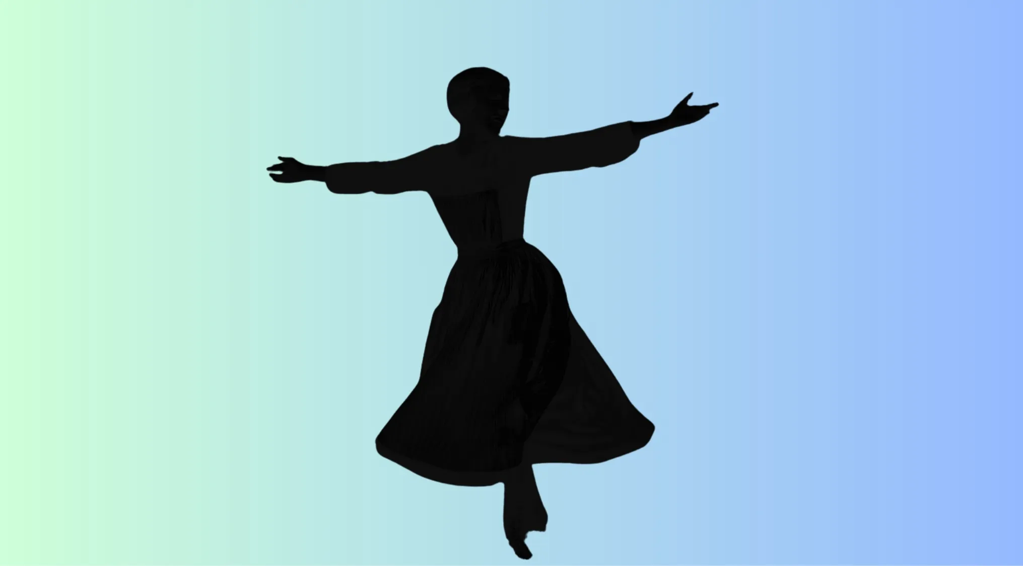 Silhouette of a movie character dancing with arms outstretched, used to guess the movie character from the silhouette.