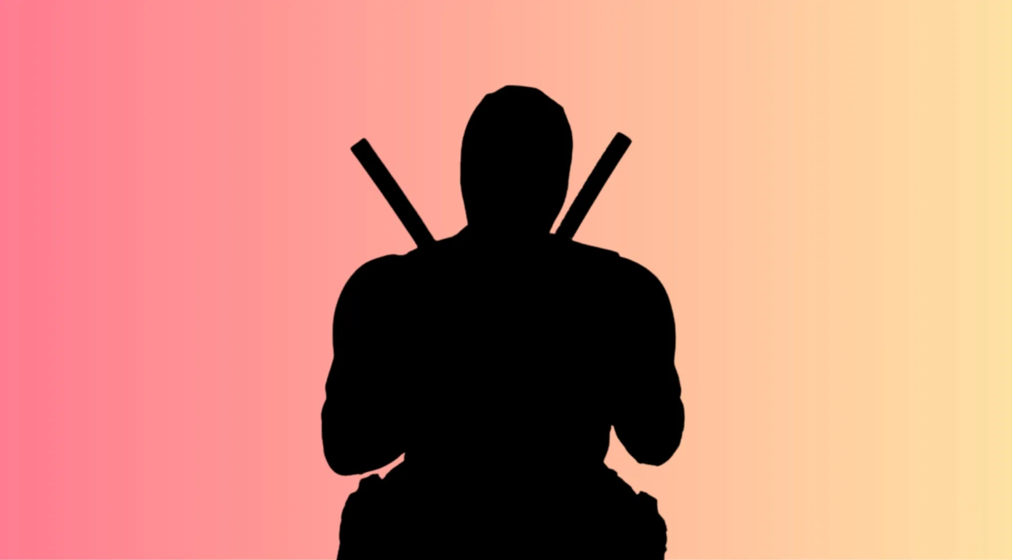 Silhouette of a movie character holding swords on his back against a pink to yellow gradient background.