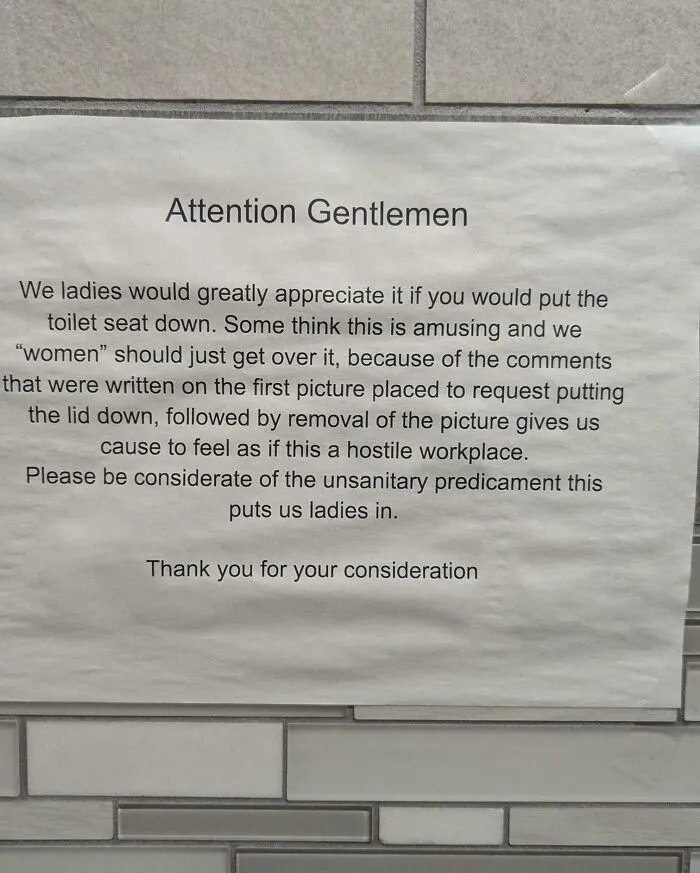 Sign using suspicious quotation marks around women, requesting gentlemen to put the toilet seat down in the workplace.