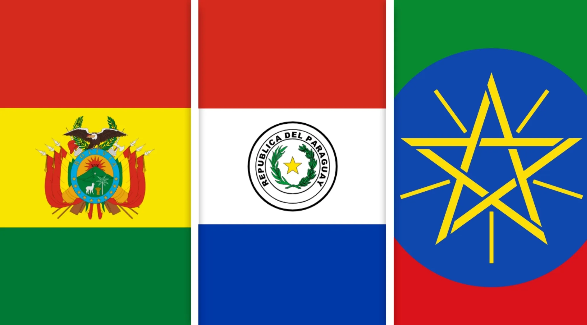 Flags of Bolivia, Paraguay, and Ethiopia displayed side by side for geography edition guess the connection quiz.