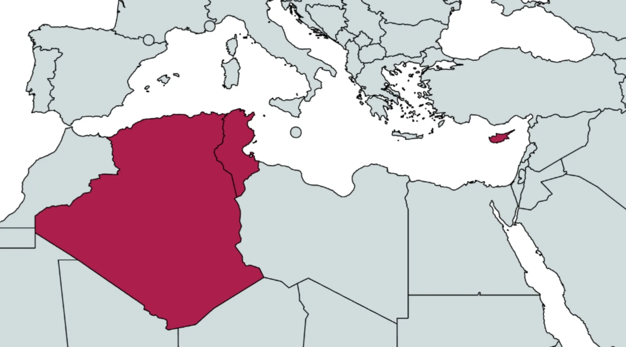 Map highlighting Tunisia, Algeria, and Cyprus in the Mediterranean region for geography connection quiz.