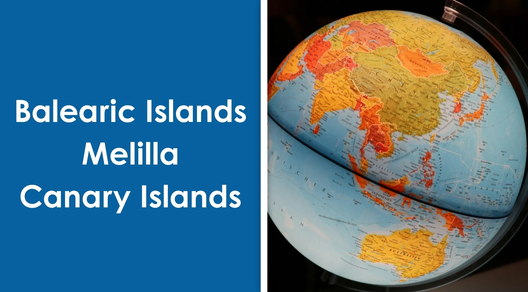 Map showing globe with regions including Balearic Islands, Melilla, and Canary Islands for geography connection quiz.