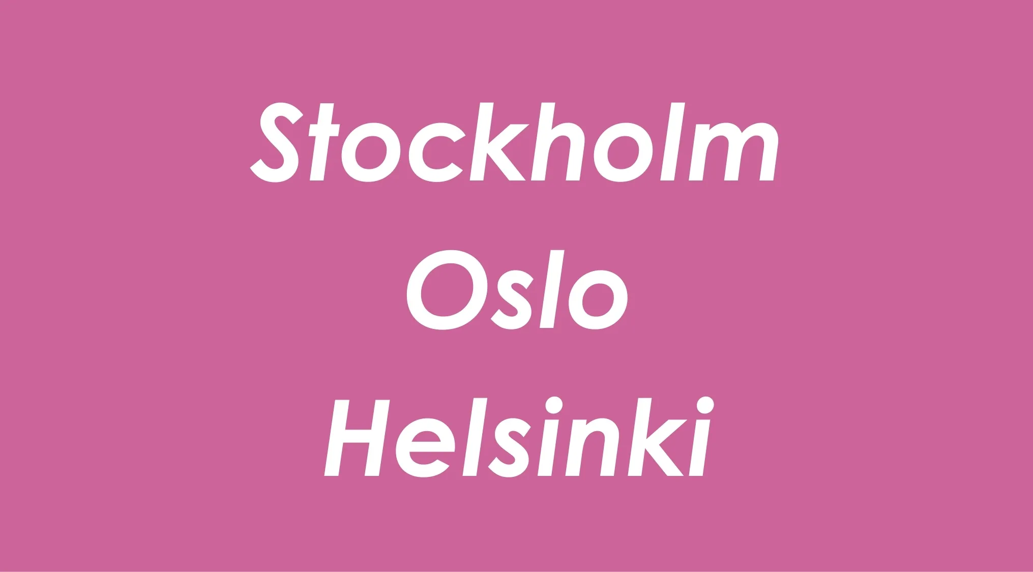 List of cities Stockholm, Oslo, and Helsinki shown in bold white text on a purple background for geography connection quiz.
