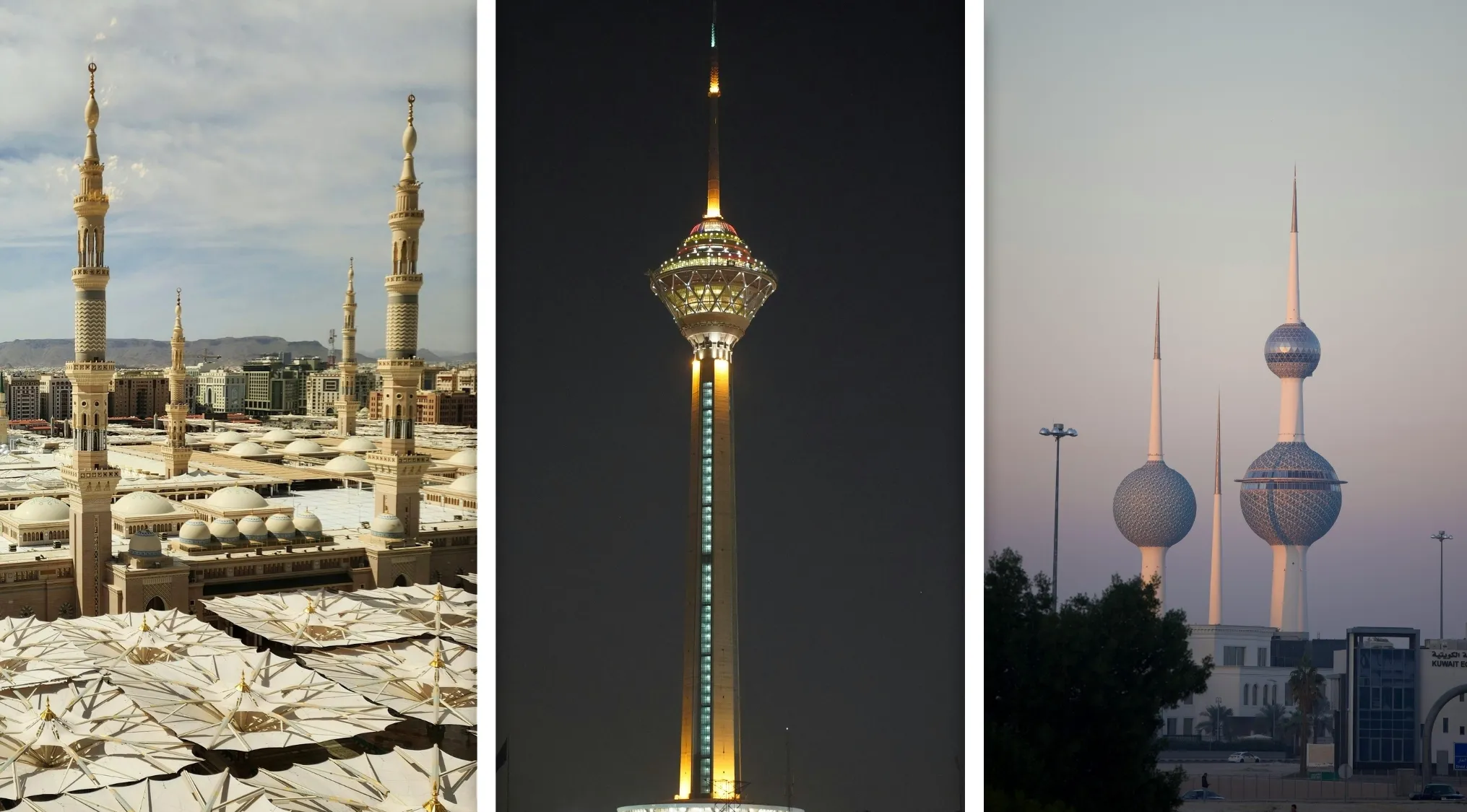 Iconic landmarks from Saudi Arabia, Iran, and Kuwait showcasing famous towers in a geography connection quiz image.