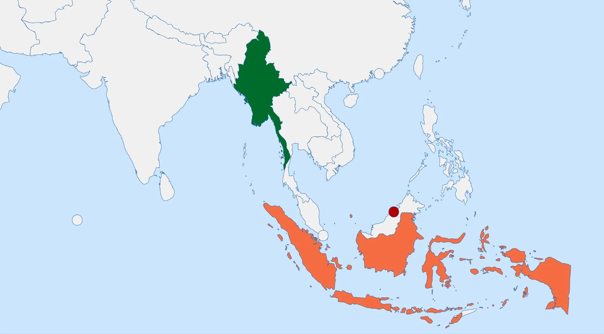 Map highlighting Myanmar in green and Indonesia in orange for geography connection puzzle.