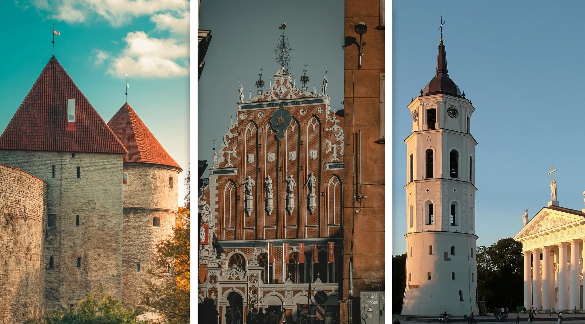 Historic buildings from Tallinn, Riga, and Vilnius showcasing unique architecture in the geography edition connection quiz.